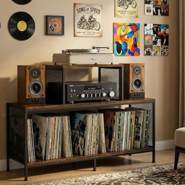 Imagem de Mesa de toca-discos vintage espaçosa - comporta 350 álbuns de vinil, divisórias ajustáveis, áreas de exibição lateral - ideal para sala de estar, quarto, escritório