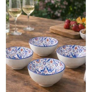 Imagem de Jogo 4 Bowls Porcelana Estampada Boho Mediterrâneo Com Caixa Presente 