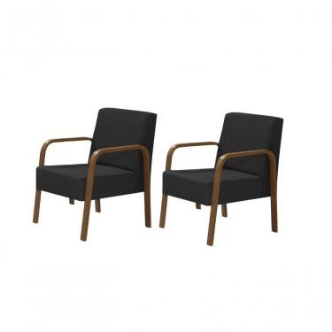 Imagem de Kit 2 Poltronas 1 Lugar Jade Pé Madeira Suede Preto