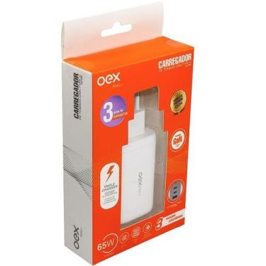 Imagem de Carregador de Tomada 65W USB-C + USB-C + USD Branco OEX CG209