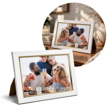 Imagem de Porta Retrato 15x21 Madeira Branco e Dourado Luxo Decor Com Vidro Vert