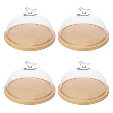Imagem de Kit 4 Porta Queijos de Bambu com Cúpula Vidro Queijeira Bird Tábua Frios Wolff
