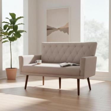 Imagem de Namoradeira Decorativa Aurora Suede Bege Pés Madeira Mz Decor - Mazzer