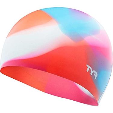 Imagem de TYR Touca de natação juvenil de silicone sem rugas para redução de arrasto e proteção do cabelo, rosa/azul