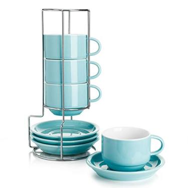 Imagem de Sweese Xícaras de cappuccino empilháveis de porcelana de 227 ml com pires e suporte de metal - para bebidas especiais de café, cappuccino, latte, americano e chá - Conjunto de 4, turquesa
