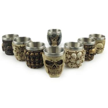 Imagem de Coleção Copo De Shot Em Aço Inox e Resina Diversos Modelos Caveira Colecionável Tequila Whisky Vodka