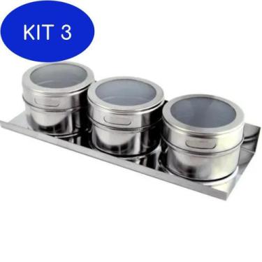 Imagem de Kit 3 Porta Temperos Condimento Magnetico 3 Peçass Base Inox Imã - Cli