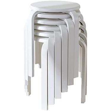 Imagem de KRASS Pacote com 6 banquetas de cadeira de jantar de madeira maciça banqueta redonda pode ser empilhada mesa de jantar pequena banco ou jantar/cozinha/casa, branco B, colecionador88