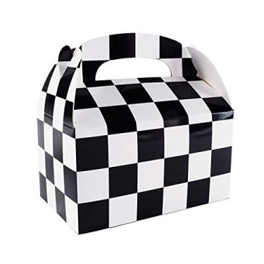 Imagem de Pacote com 12 caixas de papelão de presente xadrez preto e branco com bandeiras de corrida e bandeiras de presente com alças para artesanato, sacos de doces, lanches de piquenique, brindes de festa de aniversário (15,88 cm x 8,25 cm)