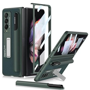 Imagem de Estojo com suporte magnético para Samsung Galaxy Z Fold 3 5G Fold3 Estojo de couro Capa protetora de filme de vidro com suporte de caneta para S Pen, verde, para galaxy Z FOLD 3