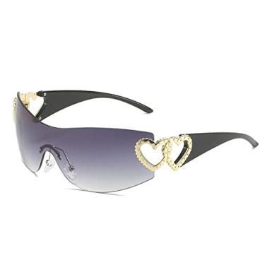 Imagem de Óculos de sol de coração sem aro feminino Óculos de sol esportivo punk para senhora Moda Sem armação Óculos de amor tons UV400, C2 ouro duplo cinza, tamanho único
