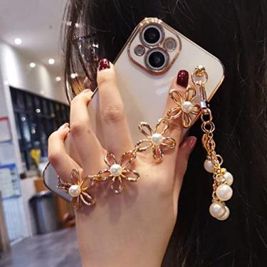 Imagem de Bling 3D Pearl Flower Chain Gold Plating Phone Case For iphone 14 12 Pro Max Mini 11 13 Pro X XS XR 6 S 7 8 Plus 12Pro SE Cover, White, For iPhone XS MAX