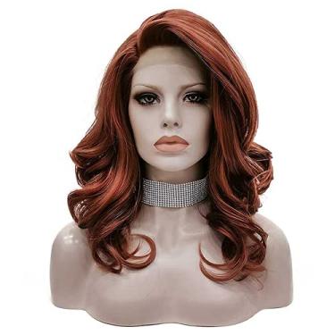 Imagem de Peruca vermelha curta ondulada sintética lace frontal peruca feminina resistente ao calor peruca Cospaly