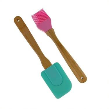 Imagem de Kit Confeiteiro 2 Pçs: Espátula Azul + Pincel Lilás Silicone Utensílios P/Cozinha (Espátula Verde/Pincel Rosa)