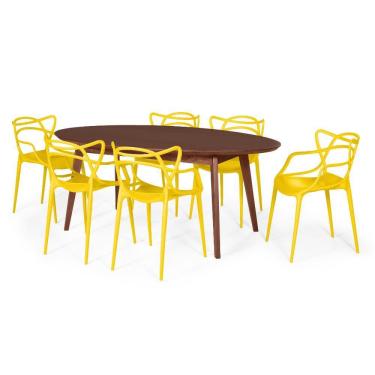 Imagem de Conjunto Mesa de Jantar Oval Vértice Nozes 190cm com 6 Cadeiras Allegra - Amarelo