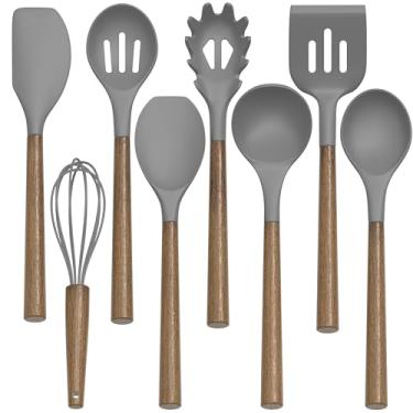 Imagem de Conjunto de utensílios de cozinha de silicone, conjunto de 9 peças de utensílios de cozinha com cabo de madeira para panelas antiaderentes, 230 °C resistente ao calor, conjunto de utensílios de cozinha de silicone com suporte grande (cinza)