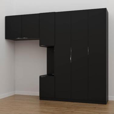 Imagem de Guarda Roupa Modulado de Solteiro com Mesa de Cabeceira Direita 7 Portas 3 Peças Hera Cabecasa Madei Preto/cromado