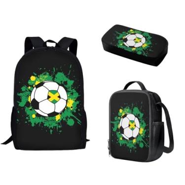 Imagem de Spowatriy Jamaica Conjunto de mochila de futebol escolar para meninos com lancheira e estojo de lápis durável, 3 peças, mochila escolar à prova d'água para acampamento, caminhada