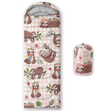 Imagem de QOOMO Sacos de dormir bonitos com estampa de preguiça de desenho animado, 3 estações para clima quente e frio, leves, sacos de dormir impermeáveis para adultos e crianças, viagens e ao ar livre,