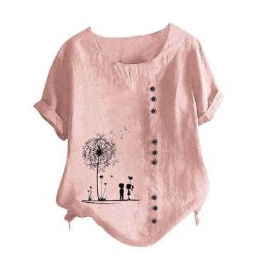 Imagem de Camisetas femininas de verão, algodão, linho, manga curta, estampa floral, gola redonda, caimento solto, camisetas casuais, rosa, 3G