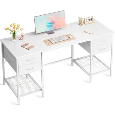 Imagem de Huuger Mesa branca de 139 cm com 4 gavetas, penteadeira com prateleira de malha para maquiagem, mesa de computador para escritório doméstico com grande armazenamento, quarto, trabalho em casa