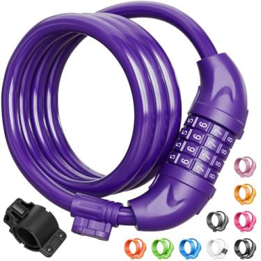 Imagem de Titanker Cadeado de bicicleta, combinação reiniciável de segurança de 1,2 m, travas de cabo de bobinamento para bicicleta com suporte de montagem, diâmetro de 1,27 cm (roxo)