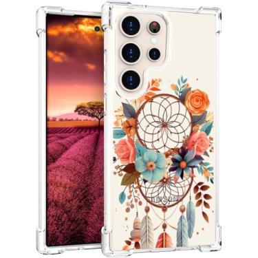 Imagem de Topgraph Compatível com Samsung Galaxy S23 Ultra capa fofa transparente para mulheres e meninas, design de capa de telefone transparente de designer (penas de flores de apanhador de sonhos)