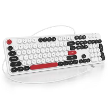 Imagem de Ussixchare Teclado de máquina de escrever com fio teclado USB retrô com teclas redondas para laptop Windows (branco)