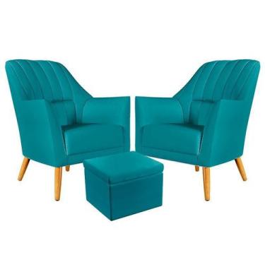 Imagem de Kit 2 Poltronas Orion Bordada com Puff Quasar Para Sala de Estar Sued 