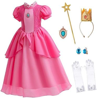 Imagem de Kids Princess Peach costume for Girls Dress Up with Crown Gloves Wand Earrings - Princess Peach Dress for Girls 6-7 Years