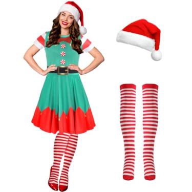 Imagem de Hillban Conjunto de 3 peças de fantasia de elfo de Natal feminino, manga curta, vestido de Natal até a coxa, chapéu de Papai Noel, Estilo elegante, Large