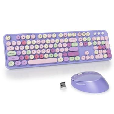 Imagem de GTSP teclado e mouse sem fio colorido para máquina de escrever, 2,4 GHz, teclado de computador de escritório com teclas redondas para desktop, laptop e PC (roxo colorido)