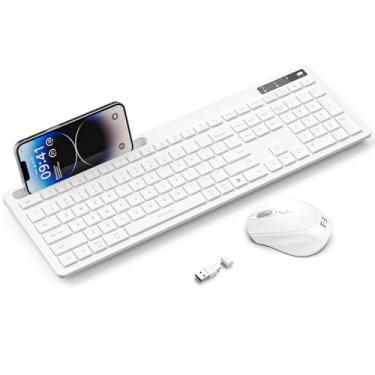 Imagem de Teclado e mouse brancos sem fio, teclado seenda tamanho completo com suporte para telefone, receptor USB A e tipo C, teclado USB silencioso de 2,4 G, mouse compatível com MacBook e Windows,