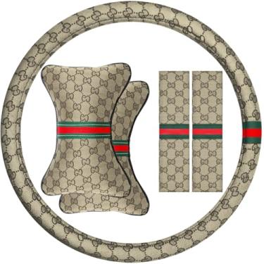 Imagem de KANYO-AUTO Capa de volante com 2 almofadas de encosto de cabeça para carro e 2 almofadas de cinto de segurança para ombro, ajuste universal, volante, 38 cm, bege