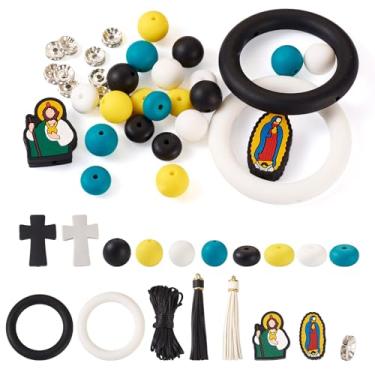 Imagem de Boutigem Contas focais religiosas de silicone Jesus cruz redonda abaco macio solto ornamento para pendurar carro para artesanato DIY cordão chaveiro acessório para fabricação de acessórios (42
