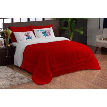 Imagem de Kit Edredom Casal Queen Te Amo 5 pcs Stich Vermelho Branco - TheoVitex