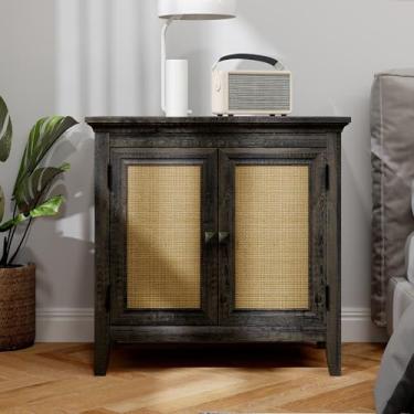 Imagem de RoyalCraft Armário de armazenamento, armário de cozinha com portas de decoração de vime, armário de buffet de destaque com prateleira de armazenamento ajustável, organizador de armário de madeira para