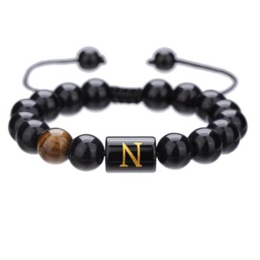 Imagem de RINTOLER Pulseiras masculinas com contas iniciais feitas à mão 10 mm natural ônix preto olho de tigre pulseira de corda trançada ajustável., Adjustable, Pedra, Olho de tigre