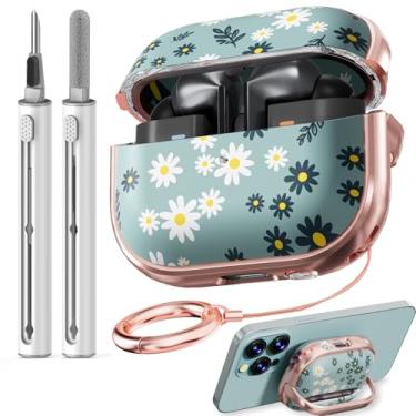 Imagem de Capa com trava de segurança para Galaxy Buds Pro 3/Galaxy Buds 3 com kit de limpeza e chaveiro, linda capa Kawaii floral Buds Pro 3 para mulheres, como suporte de telefone - flor verde