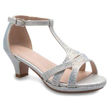 Imagem de Sandália feminina Olivia K de couro com glitter, bico aberto, tiras no tornozelo, tira em T, salto gatinho (bebê/menina), Silver Rhinestone, 2 Big Kid