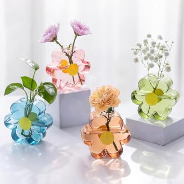 Imagem de Hewory Vaso de vidro colorido para flores: 4 peças de vasos pequenos fofos para decoração de casa - Vaso floral rosa para mesa de jantar, centro de mesa, casamento, sala de estar, escritório, quarto