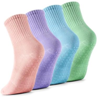 Imagem de Haoteey 4 pares de meias de Pilates com aderência para mulheres, meias aderentes para ioga Barre, meias adesivas antiderrapantes de Pilates, rosa/azul/verde/roxo, 5-9