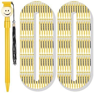 Imagem de 100 canetas esferográficas de formatura com borlas Happy Face redonda caneta esferográfica 0,7 mm tinta gel preta adorável presente para festa de formatura favor estudante, escola escritório casa suprimentos (Amarelo)