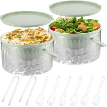 Imagem de Hushee Pacote com 2 tigelas de molho geladas de 850 g com tampa, tigela gelada para festas, prato de servir frio com 2 pinças de servir, 6 colheres para húmus, macarrão gelado, batata, molho, frutas