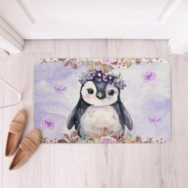 Imagem de Tapete de banheiro fofo pinguim para decoração de casa, roxo aquarela kawaii animal macio microfibra pelúcia tapetes de pelúcia, tapetes de porta, tapete absorvente de flores com tema antártico de
