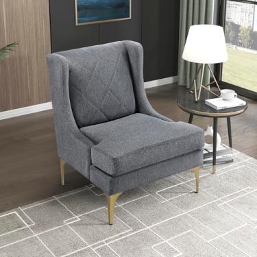 Imagem de Lexicon Cadeira moderna para sala de estar, poltrona estofada de chenille com pernas de metal dourado, encosto de asa e encosto costurado em diamante, poltrona para quarto/escritório/sala de espera,