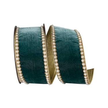 Imagem de Reliant Ribbon Fita de veludo de pelúcia pérola luxo esplendor metálico com borda com fio, azul-petróleo