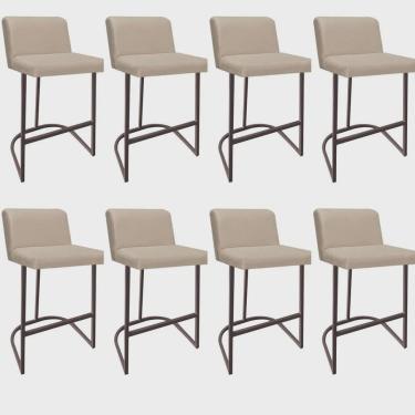 Imagem de Kit 08 Banquetas Com Encosto Noah Luxo Confort Bistrô Cozinha Ferro Marrom Sintético Bege - Ahz Móveis