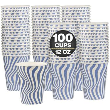 Imagem de Smygoods Copos de café descartáveis de 340 g – Design ondulado azul e branco, copos de bebidas quentes para café, chá, expresso, cacau – Pacote com 100
