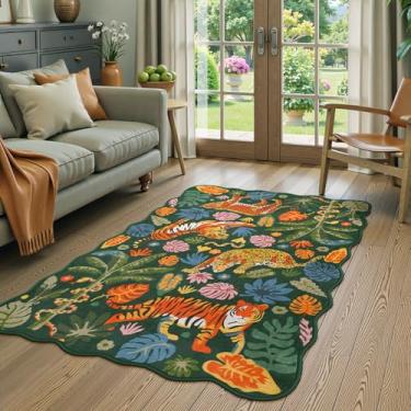 Imagem de LEEVAN Tapete de quarto de 7 x 12 cm, lavável, tigre, para cozinha, antiderrapante, verde, recortado para banheiro, tapete de leopardo, sala de estar, tapete para sala de jogos, selva